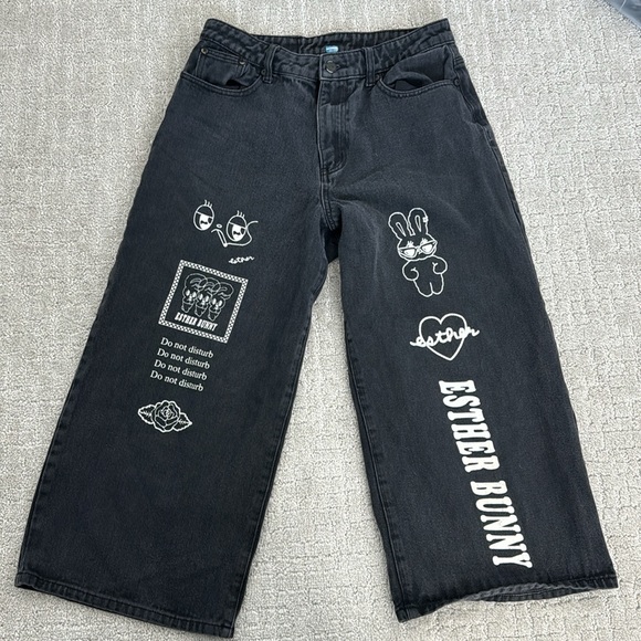 Lazy Oaf x Esther Bunny Do Not Disturb Wide Leg Crop Black Denim Jeans grey gray - Picture 2 of 6